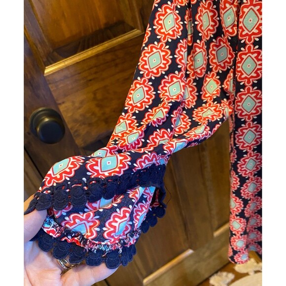 Crown & Ivy Boho Peasant Petite Large Navy Red Patterened Top Blouse Casual - Picture 4 of 11